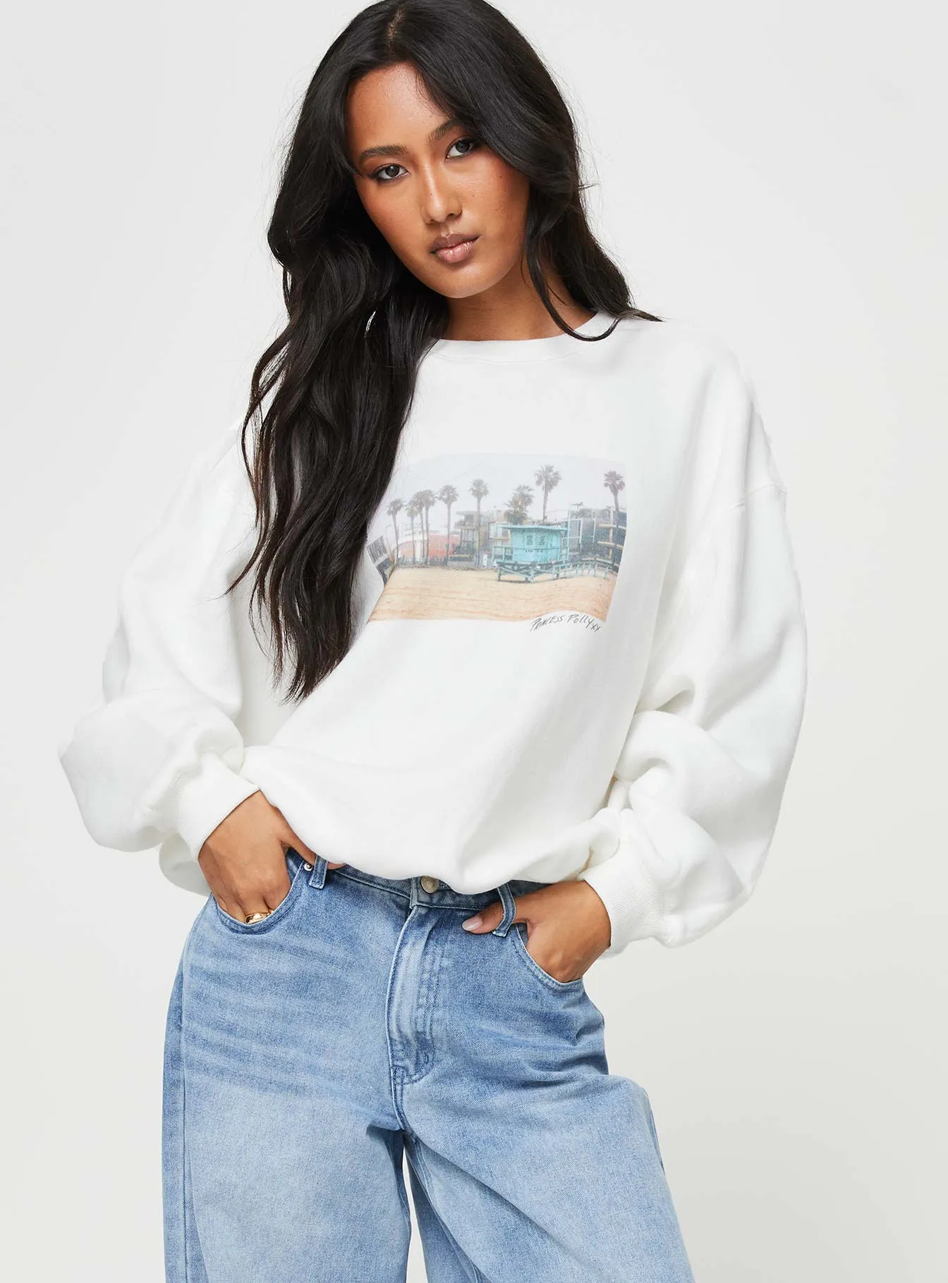 Cali Beach Crew Neck Sweatshirt White sold by Princess Polly product image thumbnail 2