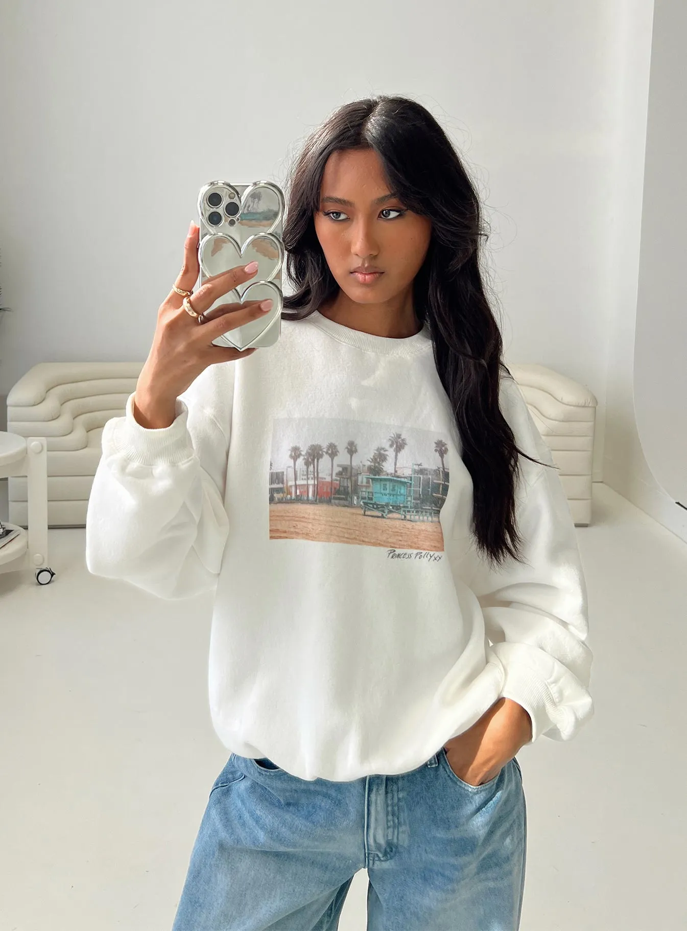 Cali Beach Crew Neck Sweatshirt White sold by Princess Polly