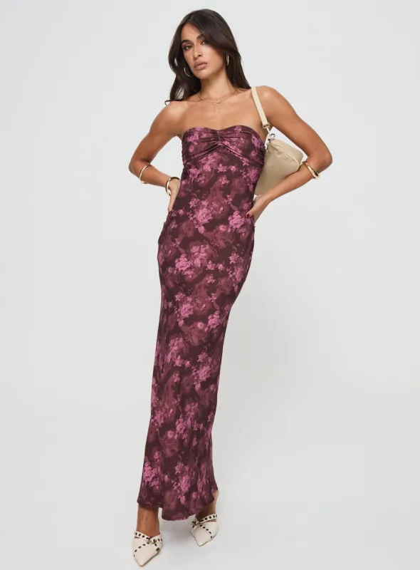 Abeila Strapless Maxi Dress Burgundy sold by Princess Polly