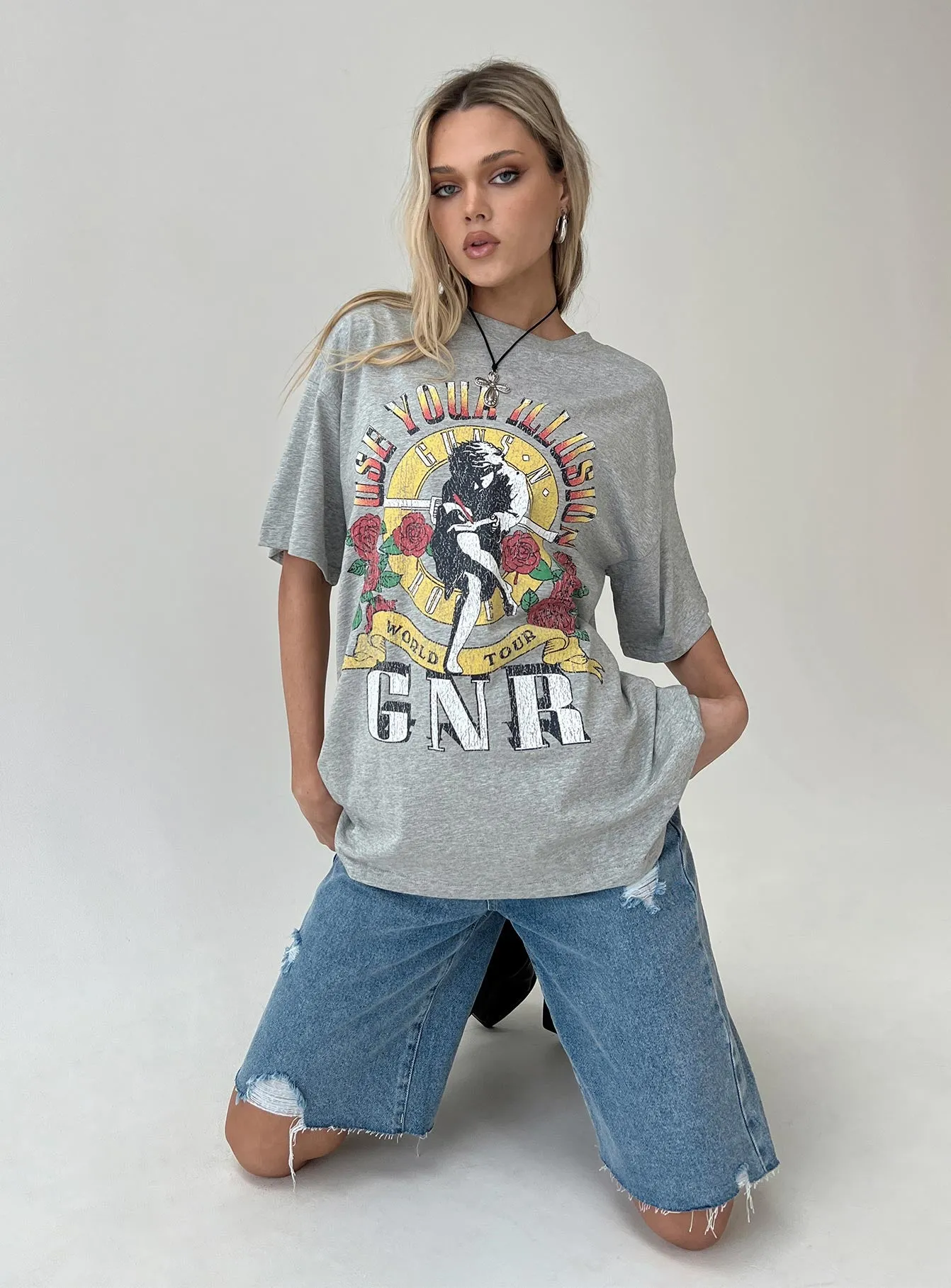 Guns & Roses Illusion Oversized Tee Grey sold by Princess Polly