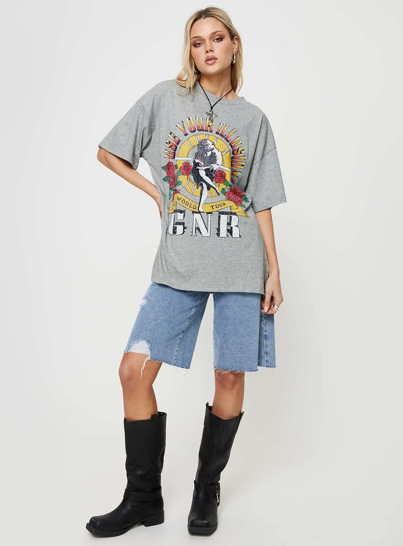 Guns & Roses Illusion Oversized Tee Grey sold by Princess Polly product image thumbnail 3