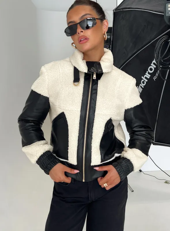 Rachale Faux Leather Shearling Jacket  Black / Cream sold by Princess Polly