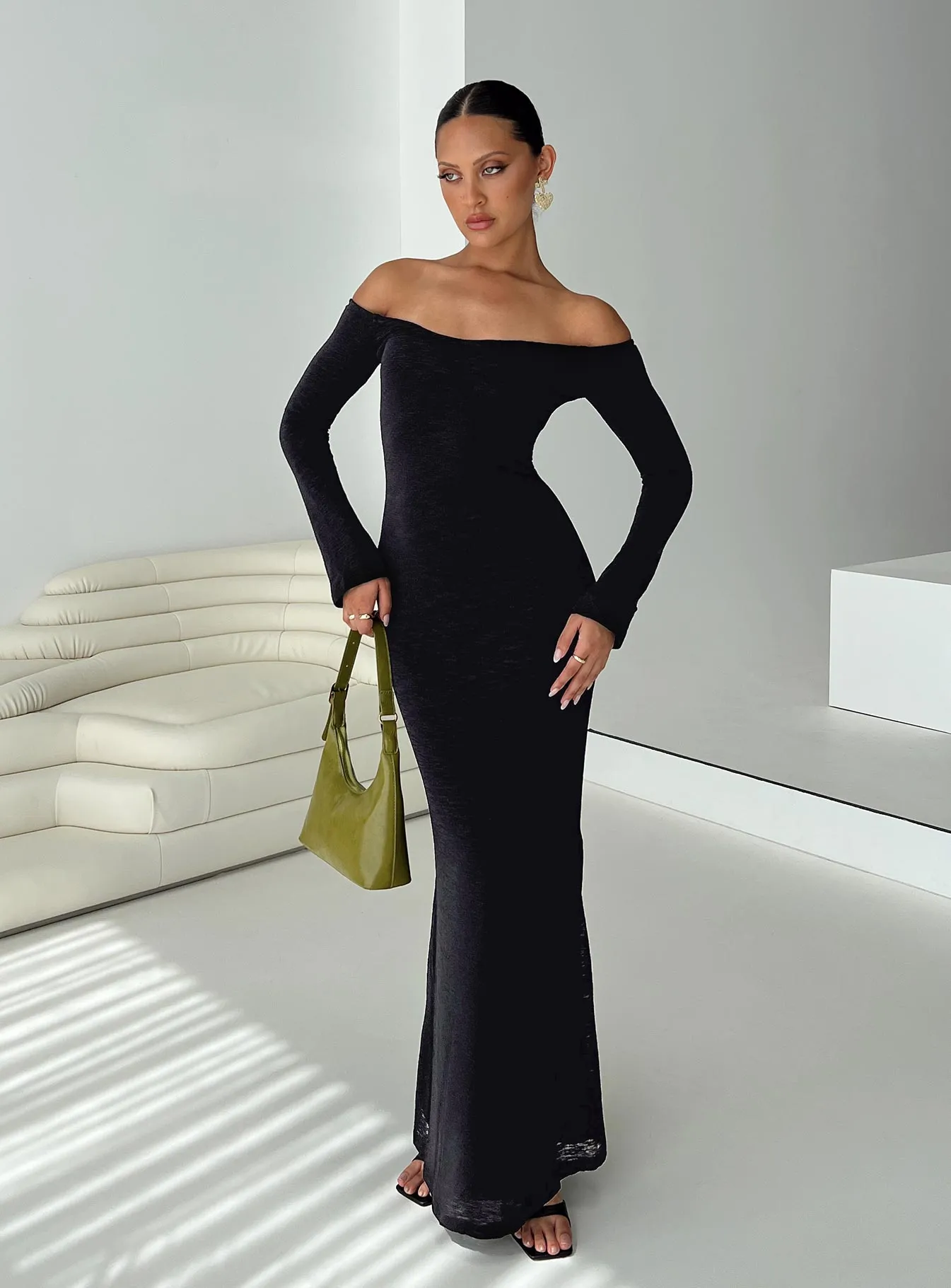 Korey Off The Shoulder Maxi Dress Black sold by Princess Polly