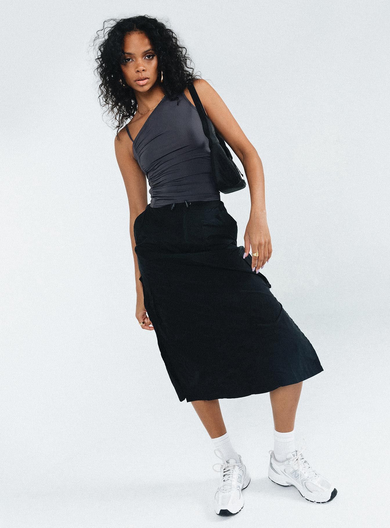 Diviney Parachute Midi Skirt Black sold by Princess Polly