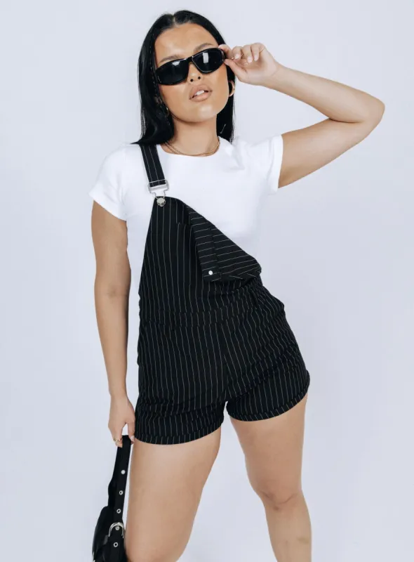 The Glades Overalls Black Pinstripe sold by Princess Polly