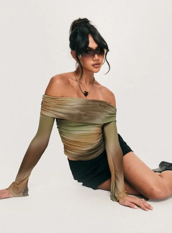 Lotta Off The Shoulder Top Green sold by Princess Polly
