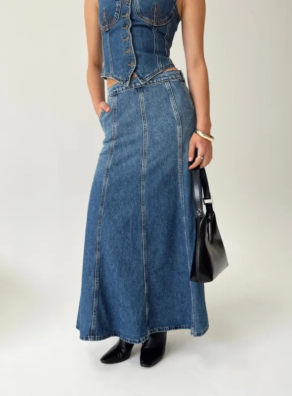 Wyoming Midi Skirt Blue Denim sold by Princess Polly