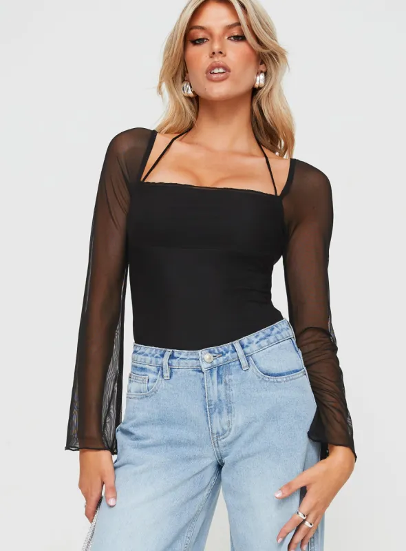 Liva Sheer Sleeve Bodysuit Black sold by Princess Polly