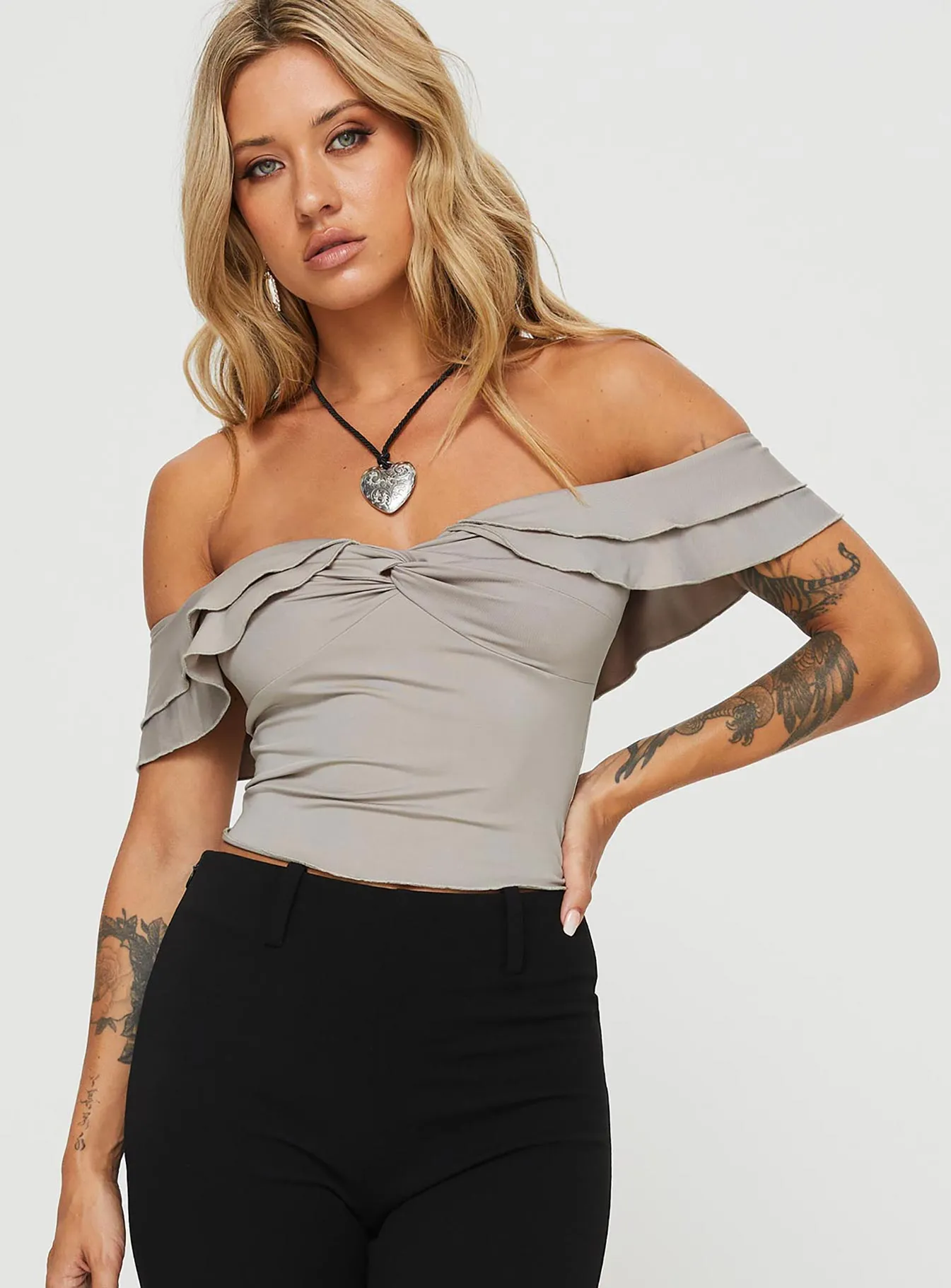 Farino Off The Shoulder Top Grey sold by Princess Polly