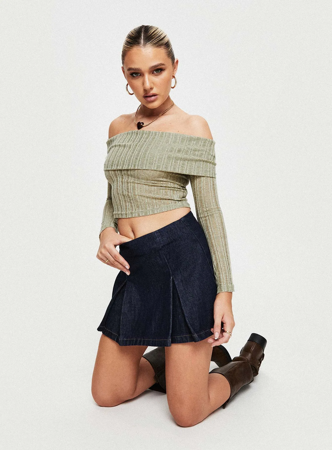 Sawan Pleated Denim Mini Skirt Dark Wash sold by Princess Polly