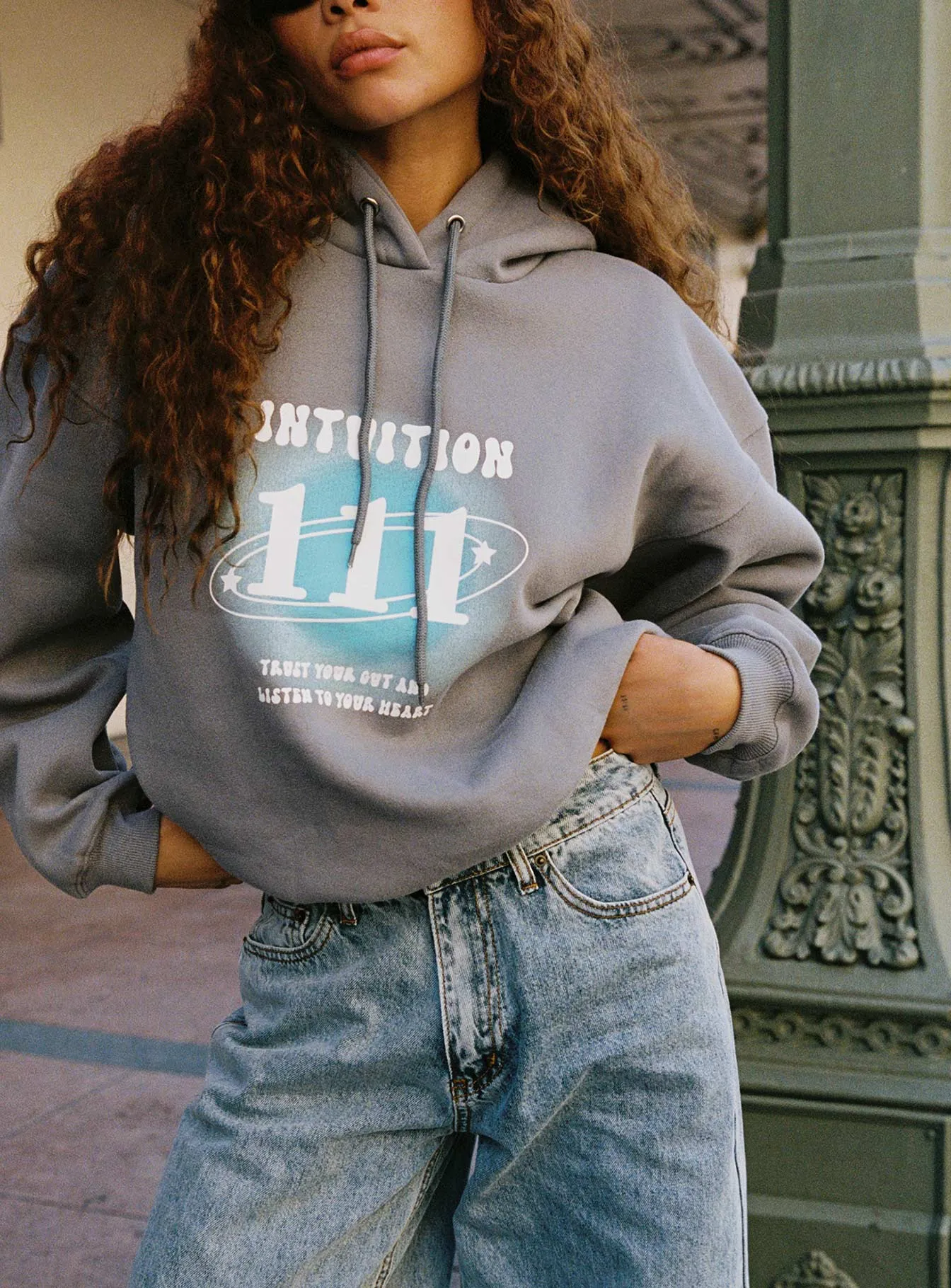 Intuition Hooded Sweatshirt Bubble Text Charcoal sold by Princess Polly