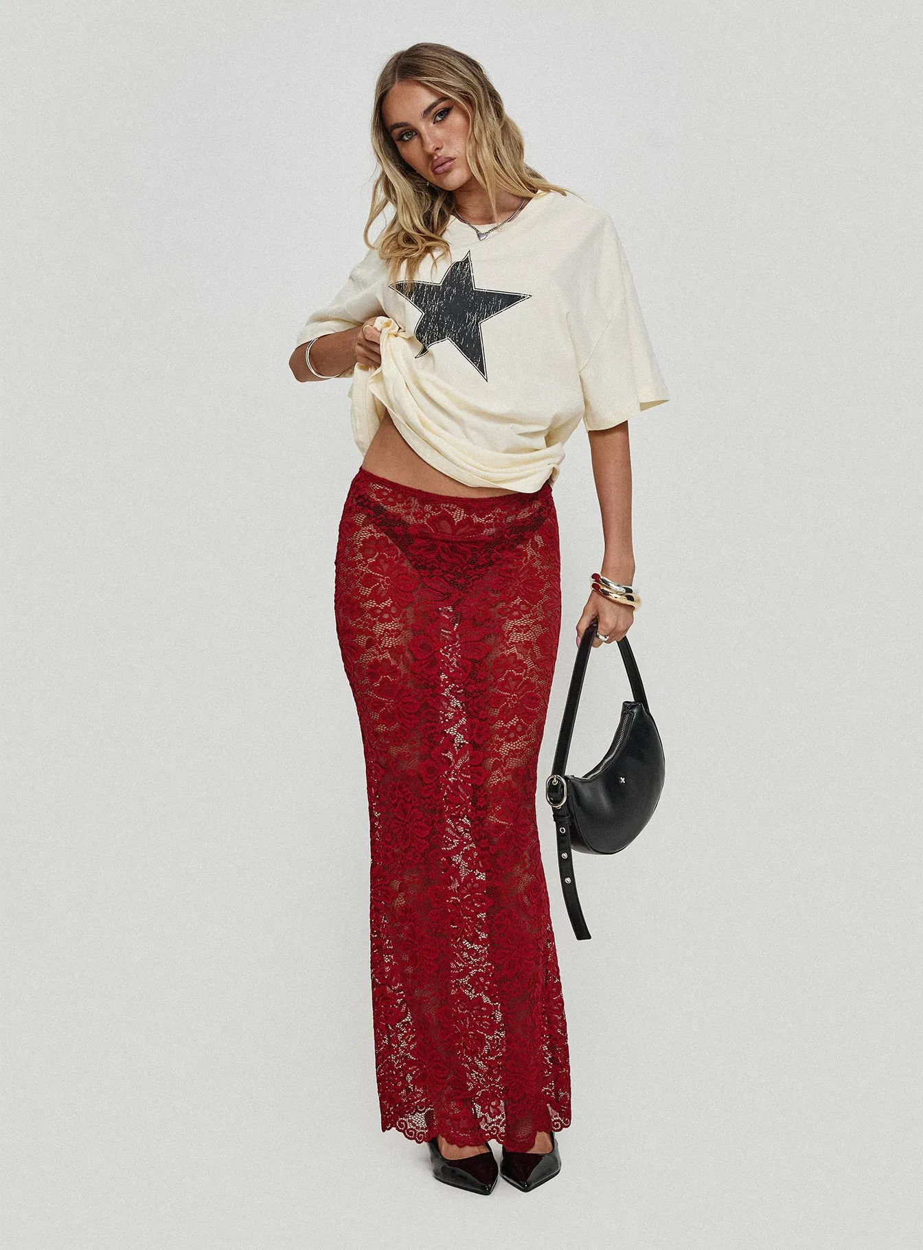 Lombardio Lace Maxi Skirt Burgundy sold by Princess Polly