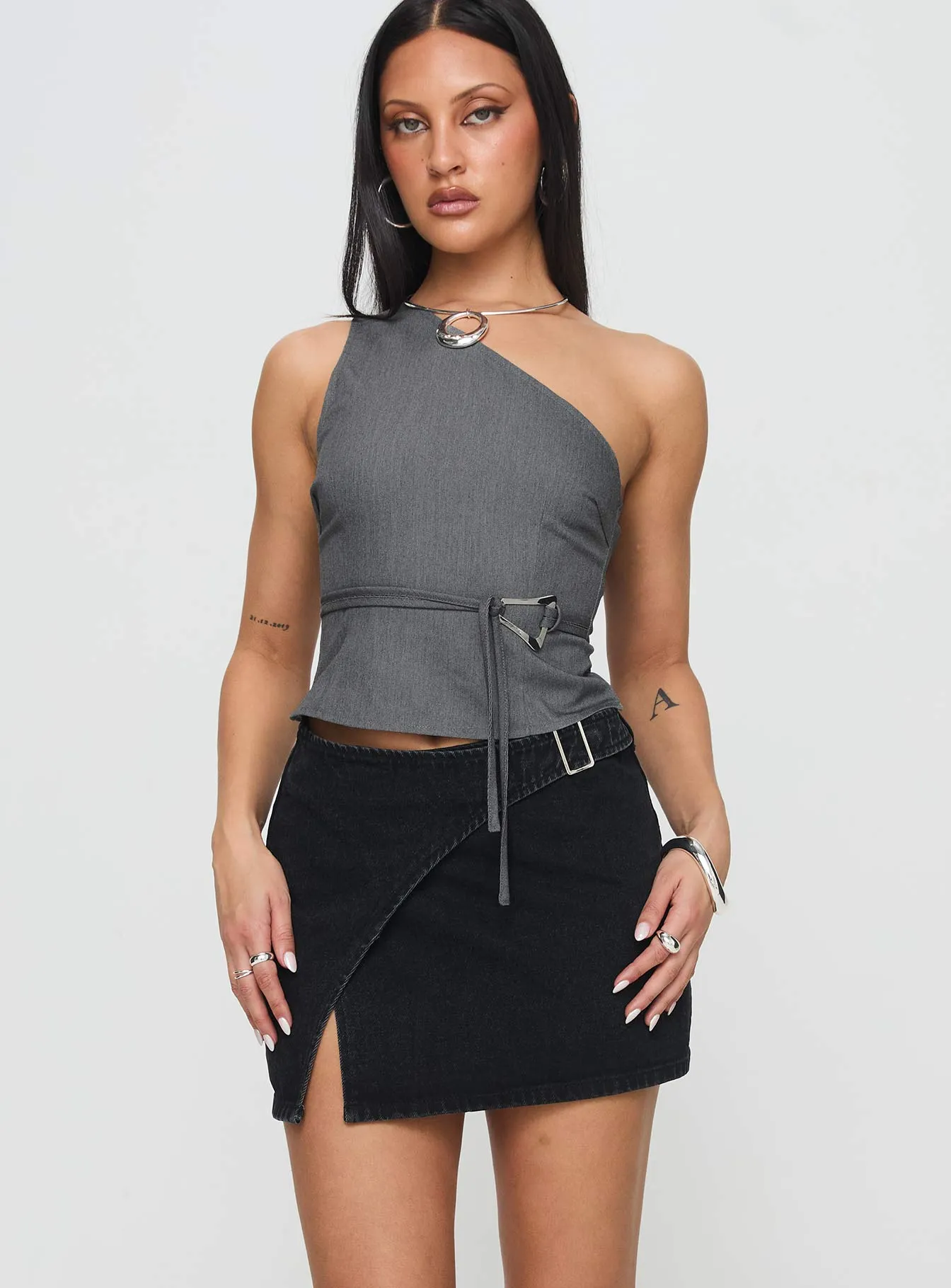 Wait Up Denim Wrap Mini Skirt Washed Black sold by Princess Polly product image thumbnail 2