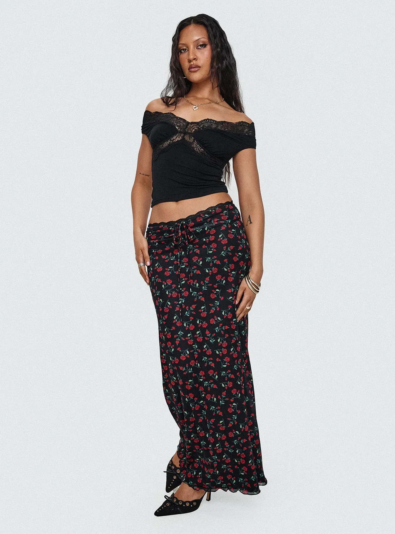 Donabella Mesh Maxi Skirt Black / Red sold by Princess Polly