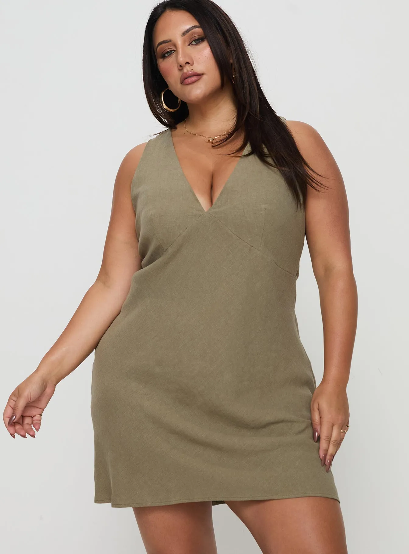 Portillo Linen Blend Mini Dress Olive Curve sold by Princess Polly product image thumbnail 2