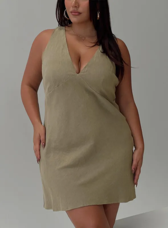 Portillo Linen Blend Mini Dress Olive Curve sold by Princess Polly