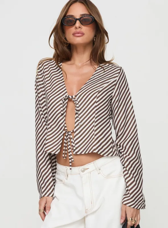 Maxette Long Sleeve Tie Top Brown Stripe sold by Princess Polly