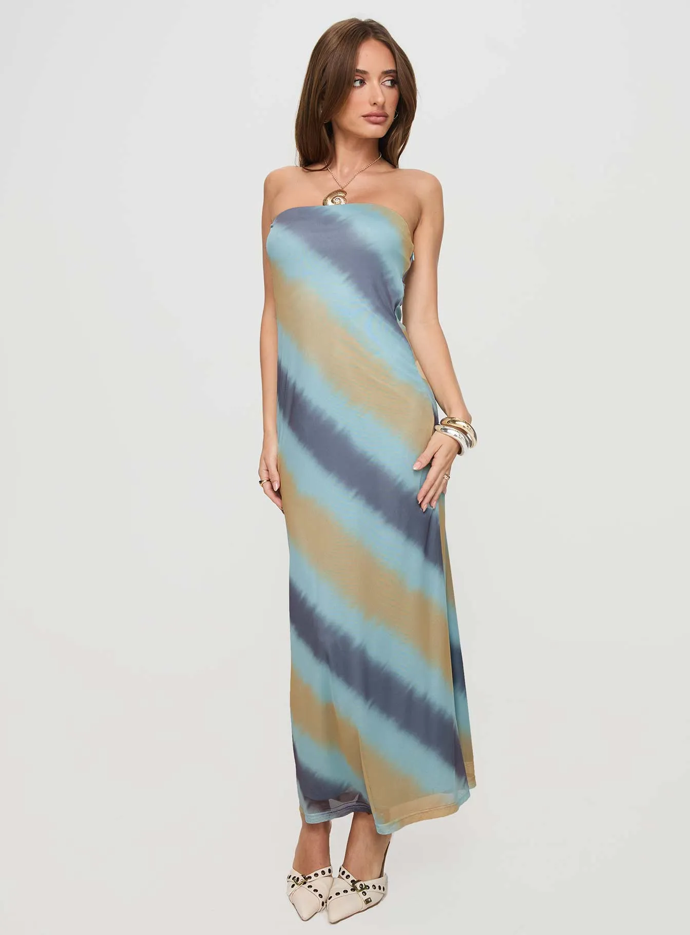 Celik Strapless Maxi Dress Blue / Brown sold by Princess Polly product image thumbnail 2