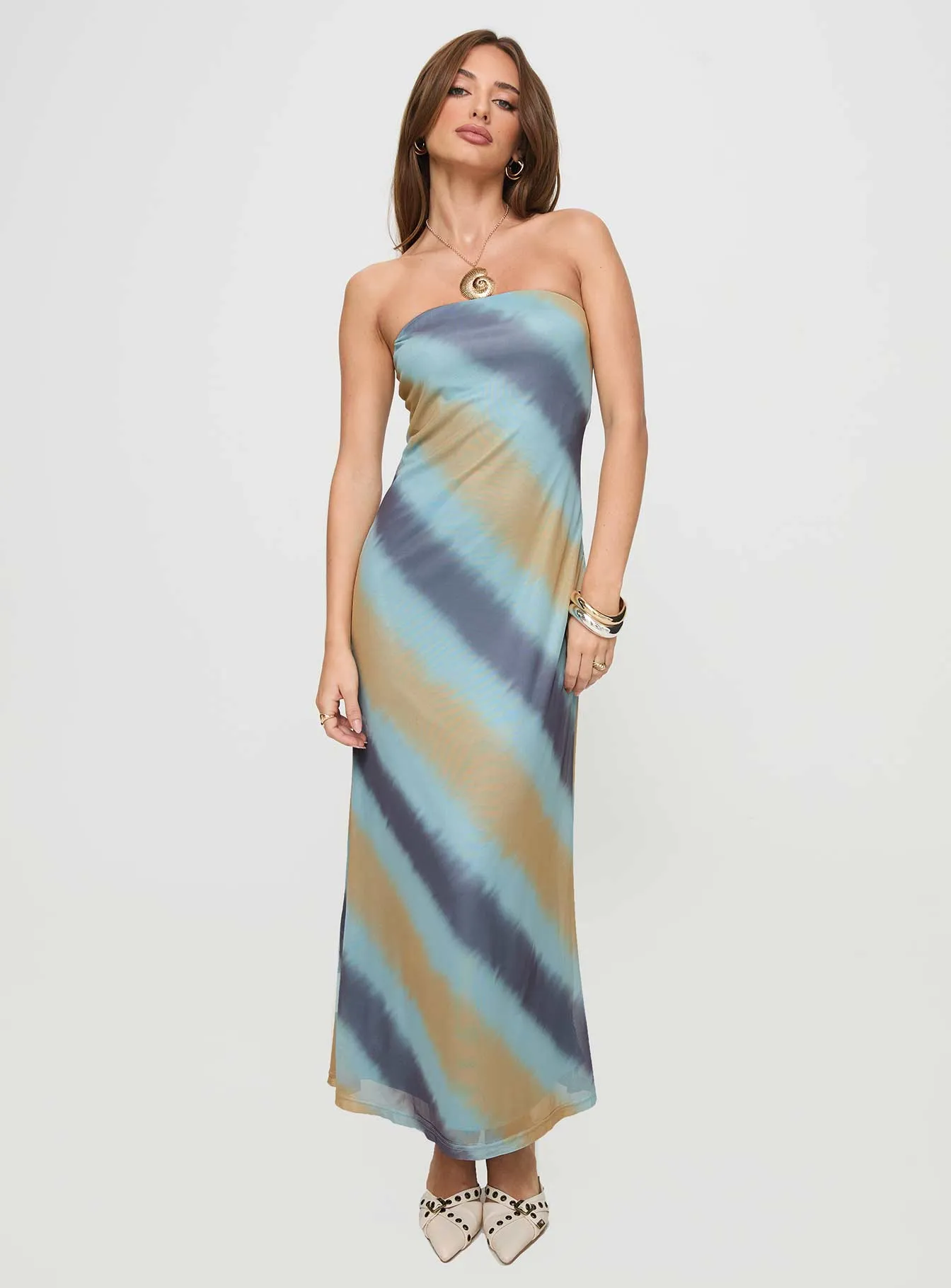 Celik Strapless Maxi Dress Blue / Brown sold by Princess Polly product image thumbnail 3