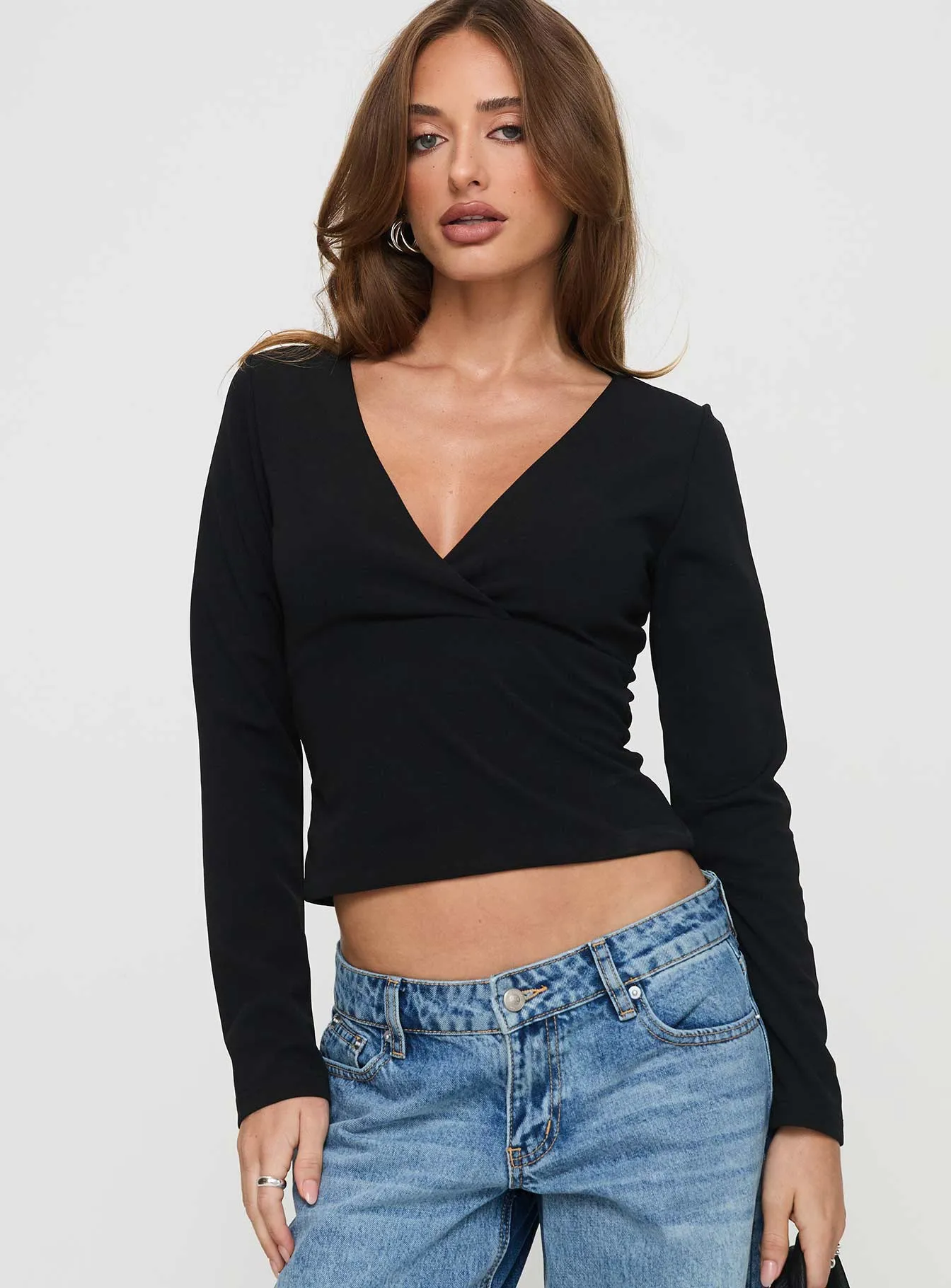 Aeva Long Sleeve Plunge Top Black sold by Princess Polly