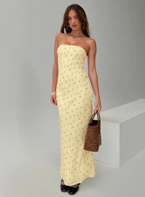 Brydie Strapless Maxi Dress Yellow Floral sold by Princess Polly