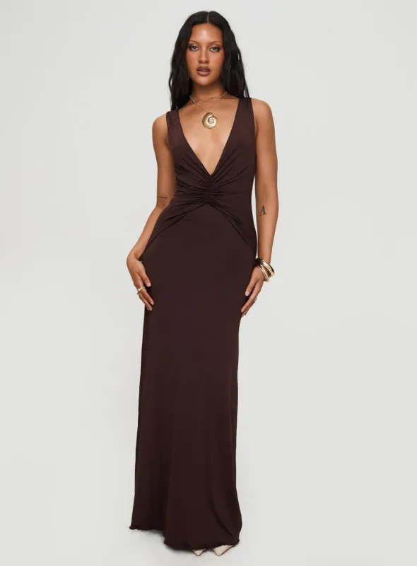 Frederica Plunge Maxi Dress Chocolate sold by Princess Polly