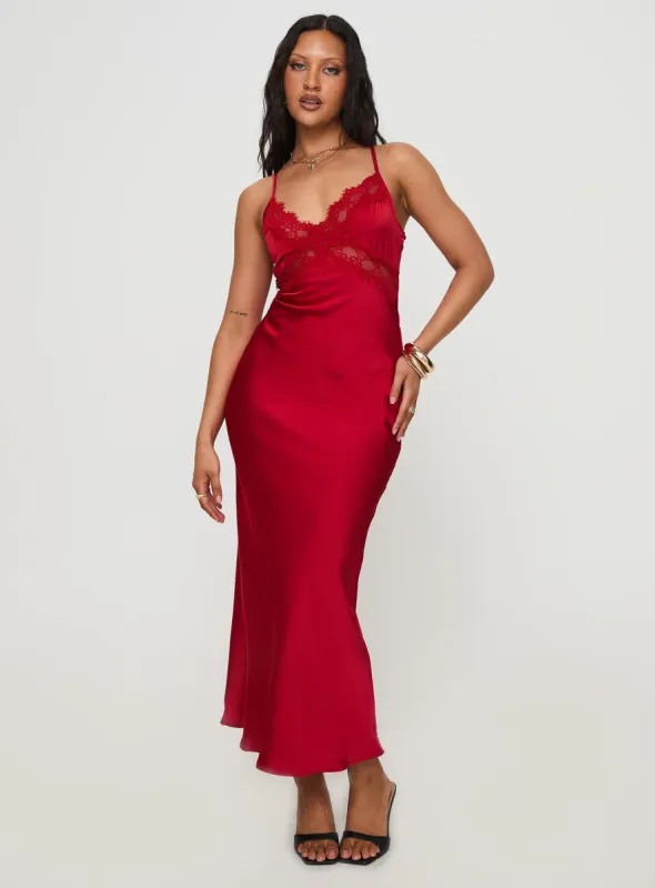 Treasure Bias Cut Maxi Dress Red sold by Princess Polly