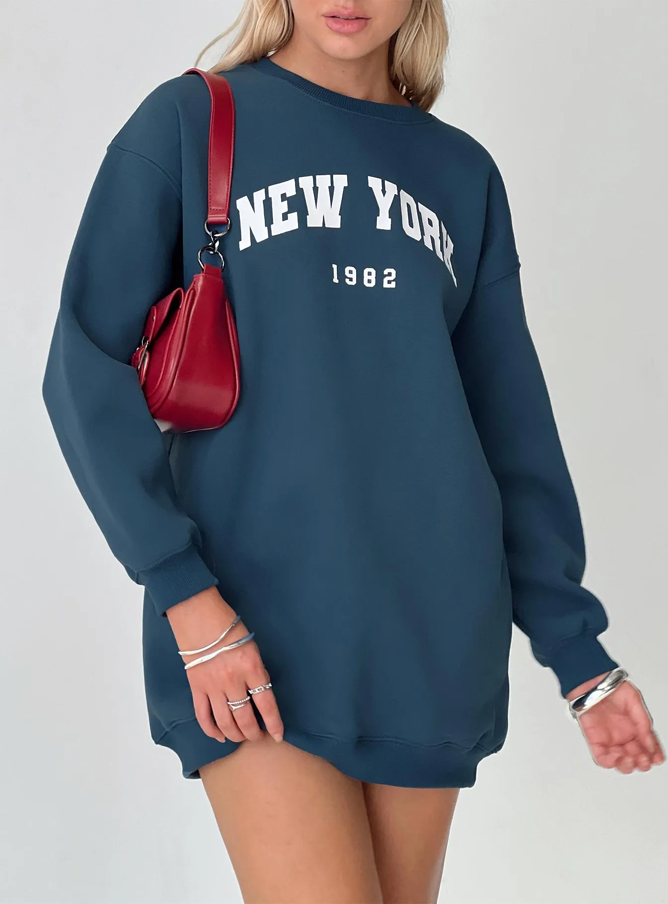 New York Minute Mini Sweatshirt Dress Navy sold by Princess Polly