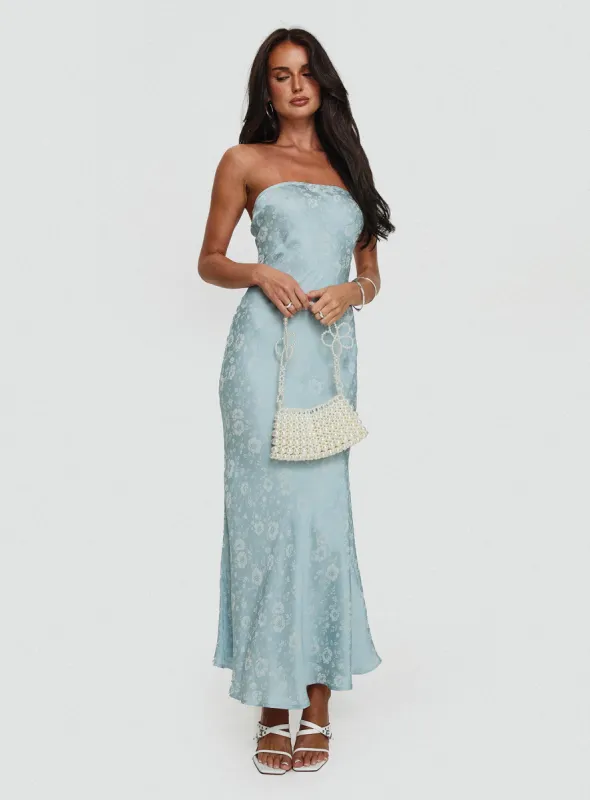 Salvin Strapless Maxi Dress Blue sold by Princess Polly