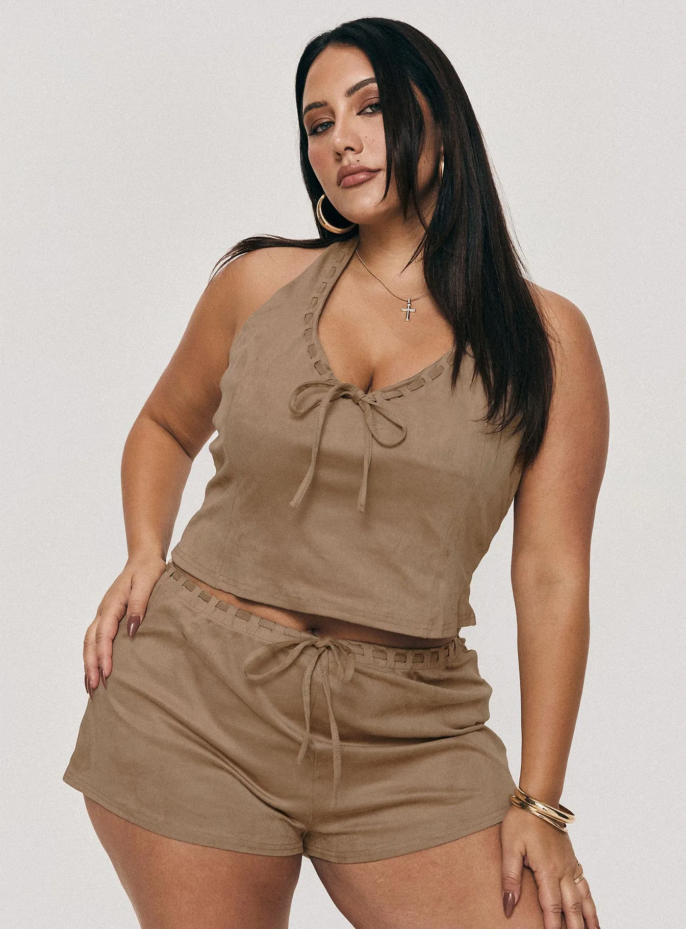 Eternal Youth Faux Suede Top Taupe Curve sold by Princess Polly