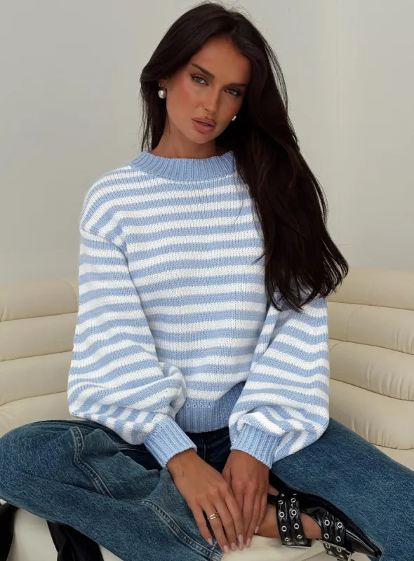 Harmony Balloon Sleeve Knit Sweater Blue / White Stripe sold by Princess Polly