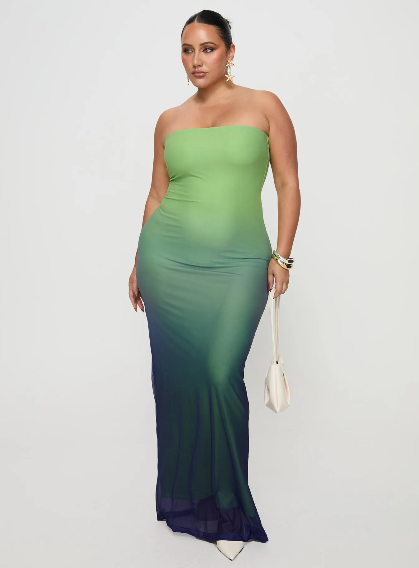 Stolen Love Strapless Maxi Dress Blue / Green Ombre Curve sold by Princess Polly
