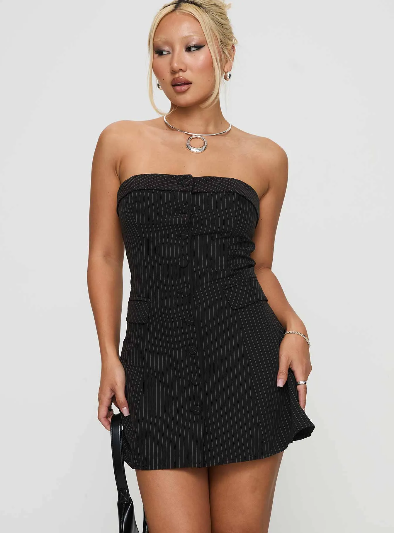 Change It Up Mini Dress Black / Pinstripe sold by Princess Polly