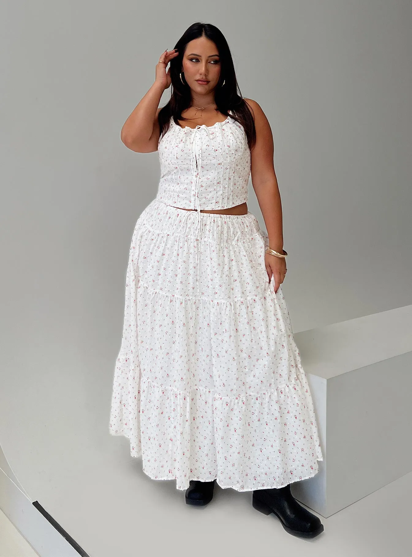 Cherry On Top Maxi Skirt White Floral Curve sold by Princess Polly