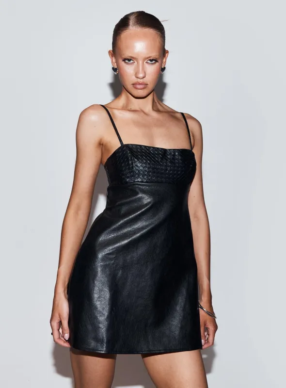 Isak Woven Faux Leather Mini Dress Black sold by Princess Polly