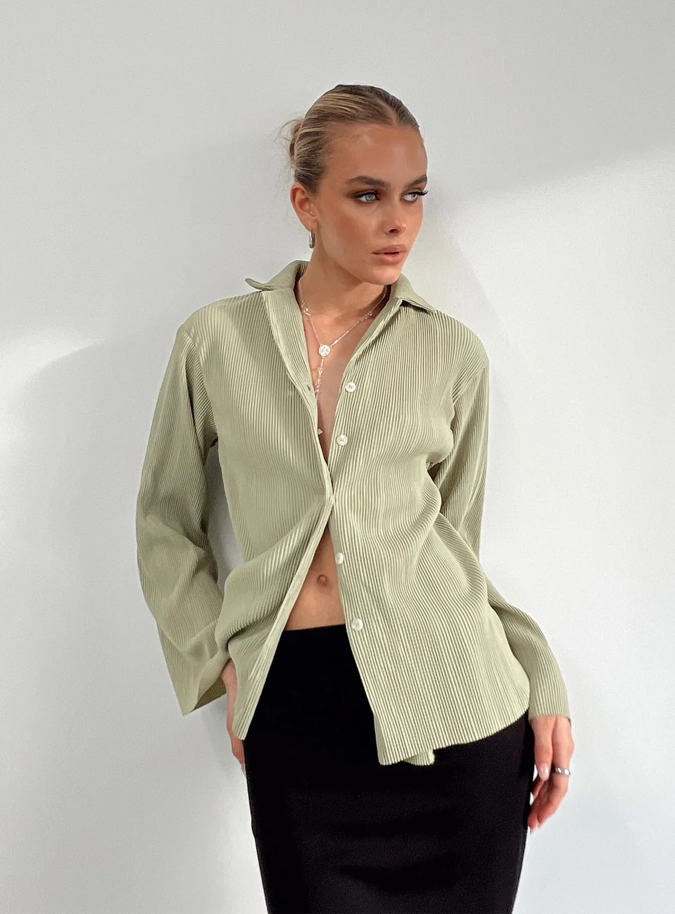 Louie Pleated Shirt Sage sold by Princess Polly