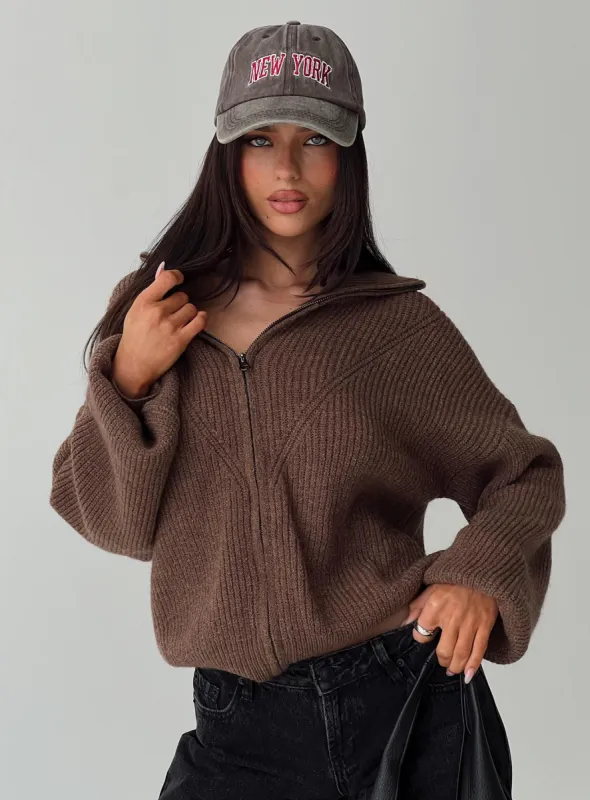 Hertford Zip Through Knit Sweater Brown sold by Princess Polly