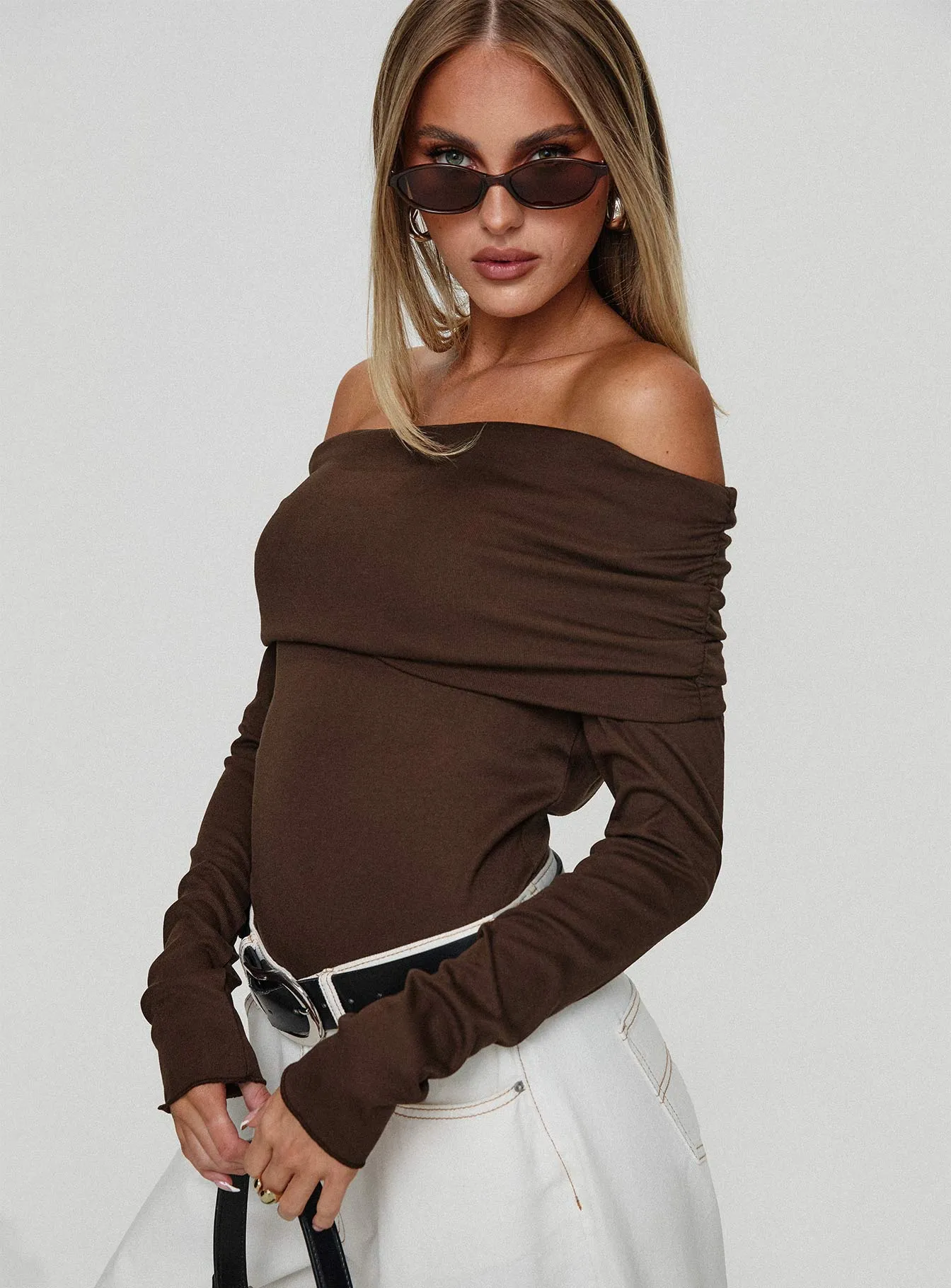 Spoilt Off The Shoulder Bodysuit Brown sold by Princess Polly