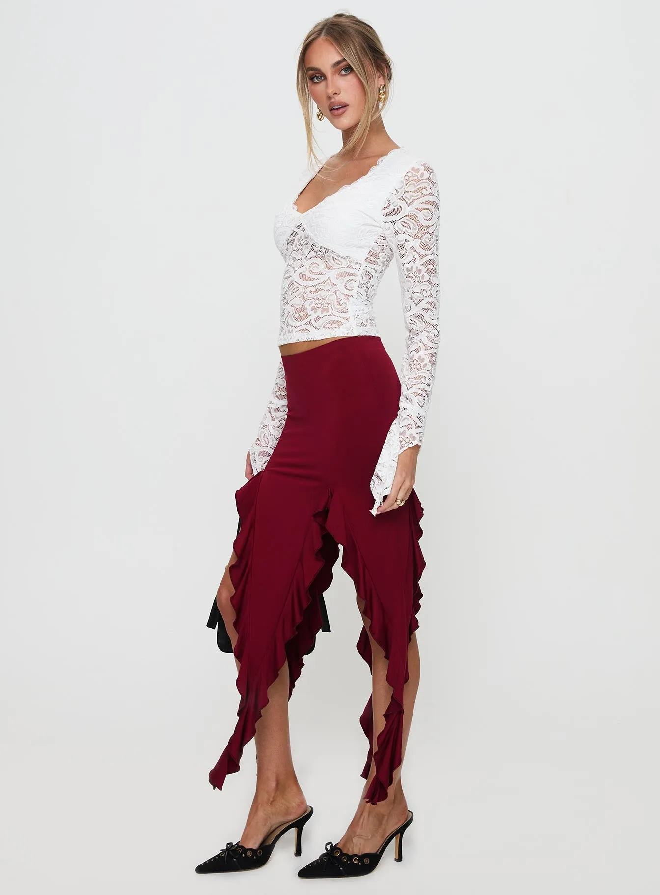 Peachey Asymmetric Ruffle Midi Skirt Burgundy sold by Princess Polly product image thumbnail 4