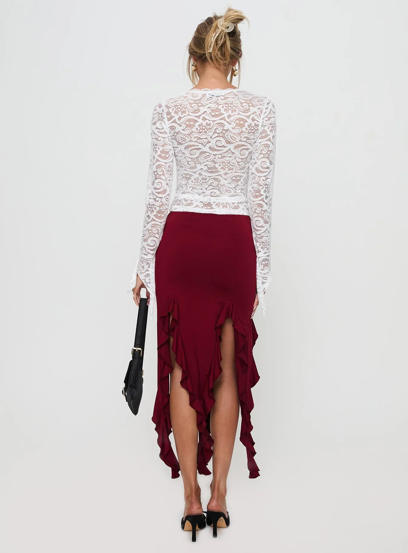 Peachey Asymmetric Ruffle Midi Skirt Burgundy sold by Princess Polly product image thumbnail 5
