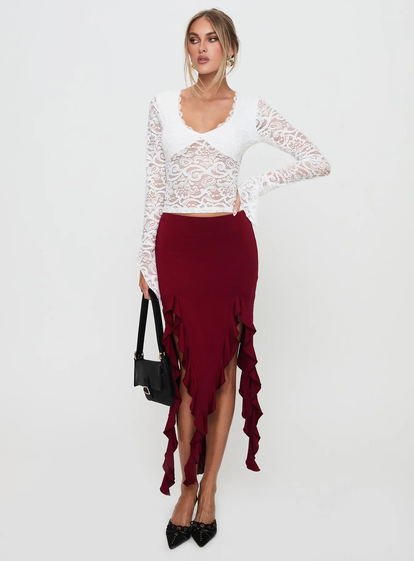 Peachey Asymmetric Ruffle Midi Skirt Burgundy sold by Princess Polly product image thumbnail 2