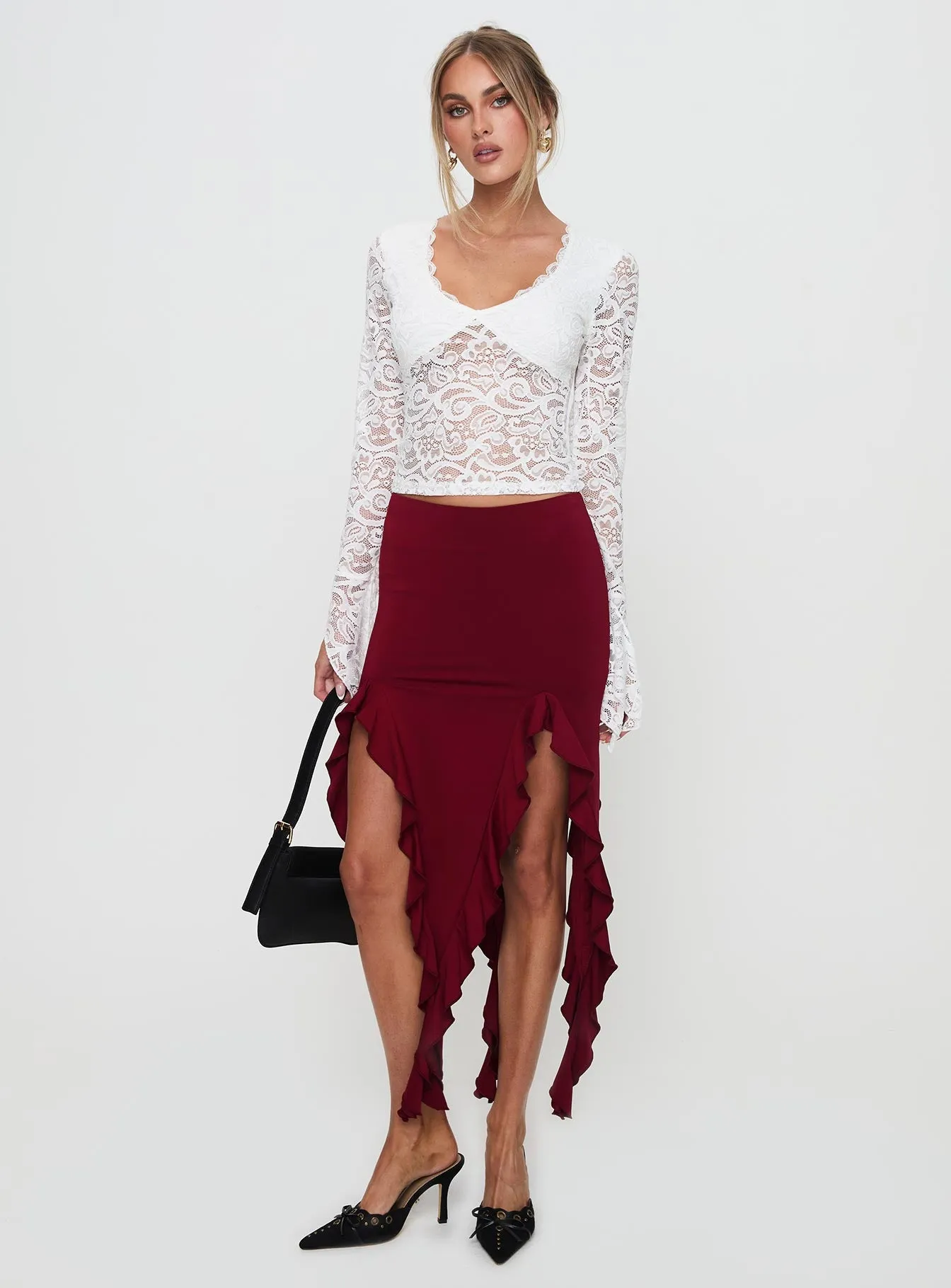 Peachey Asymmetric Ruffle Midi Skirt Burgundy sold by Princess Polly product image thumbnail 3