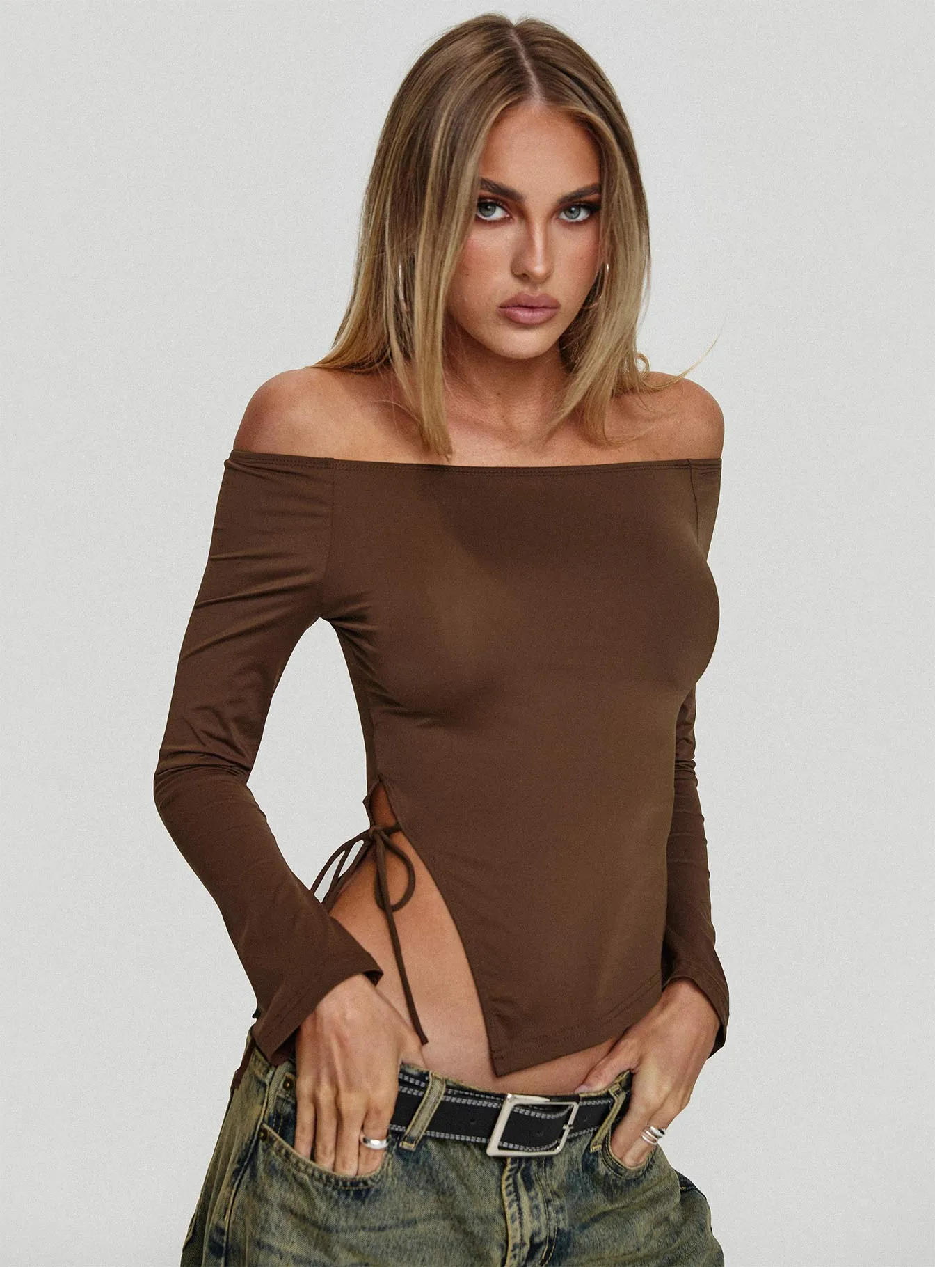 Endellion Off Shoulder Long Sleeve Top Chocolate sold by Princess Polly