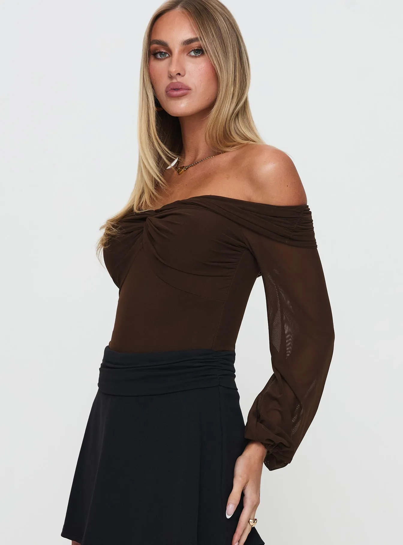 Babette Off The Shoulder Bodysuit Brown sold by Princess Polly product image thumbnail 4