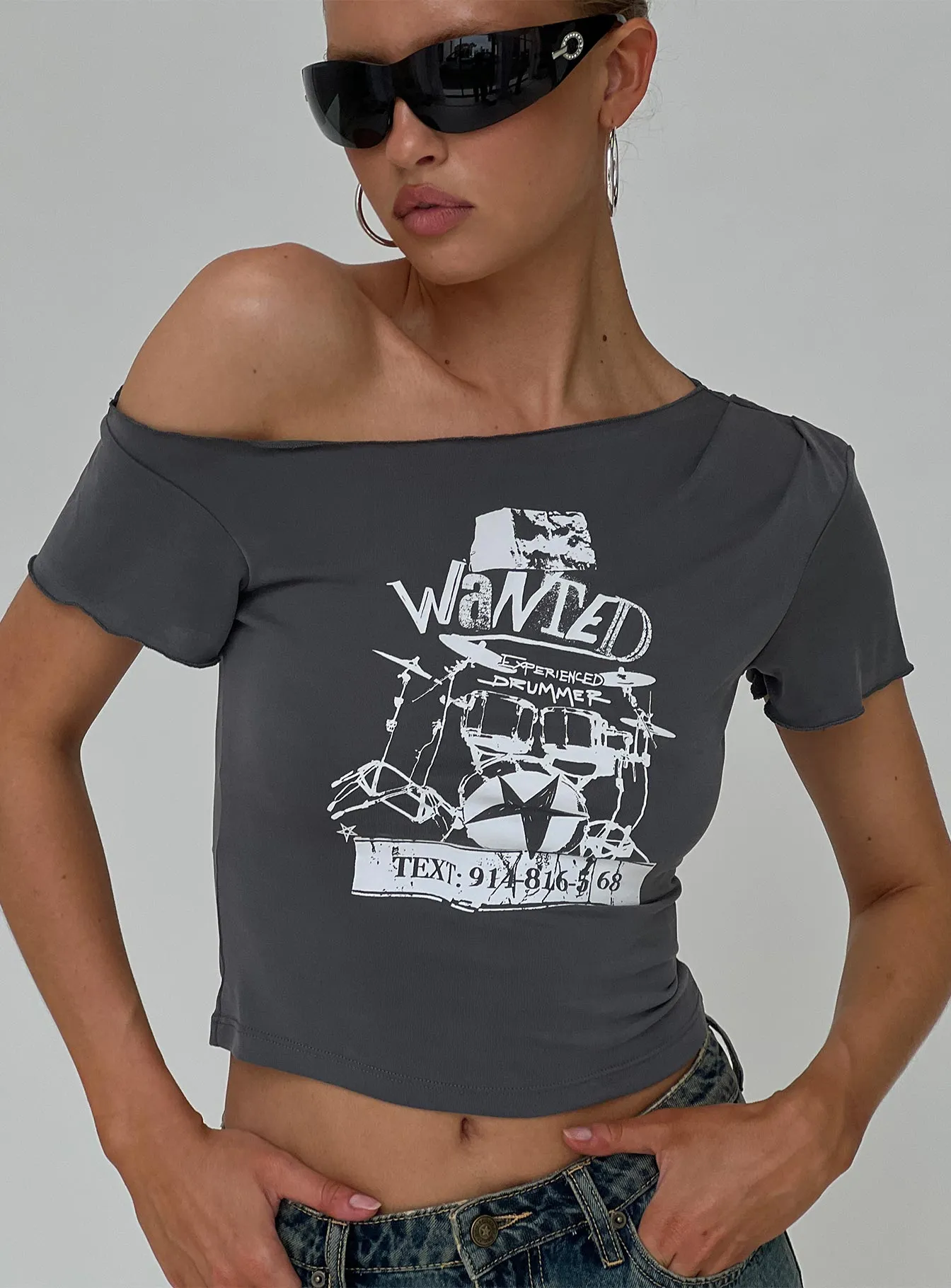 Star Wanted Asymmetrical Tee Grey sold by Princess Polly