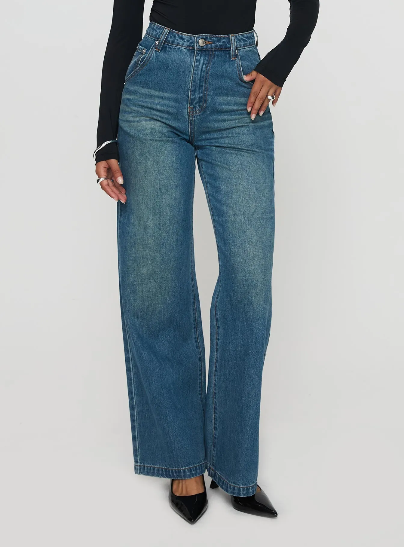 Hustler High Rise Straight Leg Denim Jean Washed Blue sold by Princess Polly