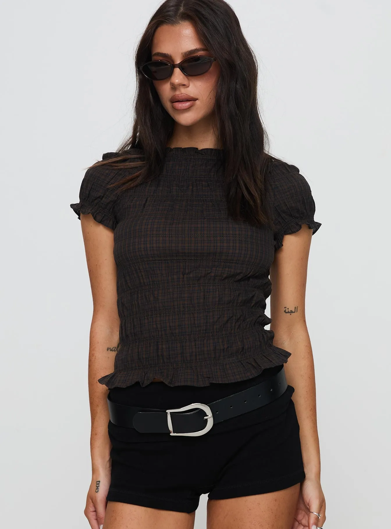 Romelle Shirred Top Black / Brown Plaid sold by Princess Polly product image thumbnail 2