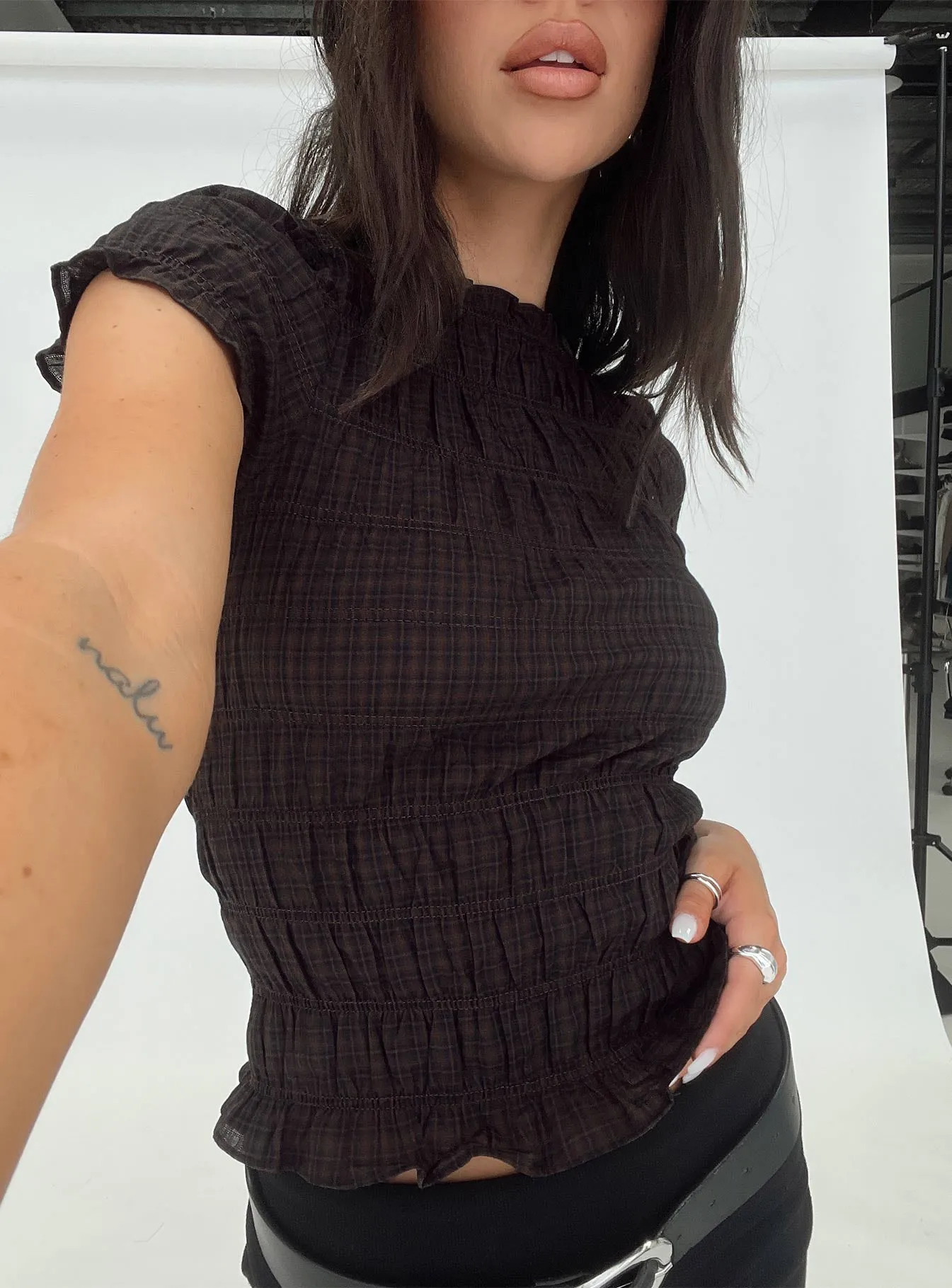 Romelle Shirred Top Black / Brown Plaid sold by Princess Polly