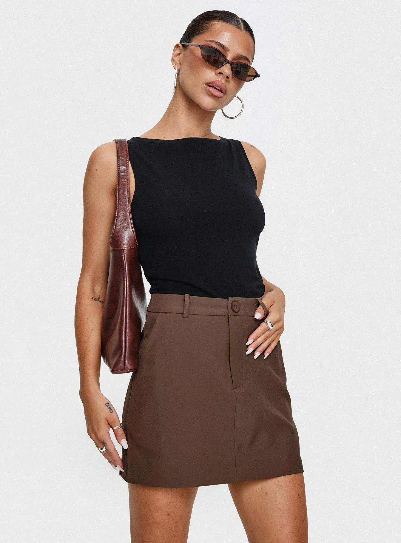Sabyna Tailored Mini Skirt Brown sold by Princess Polly