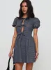 Nurture Bow Mini Dress Navy Check sold by Princess Polly
